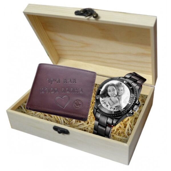 שעון וארנק לגבר בקופסת עץ