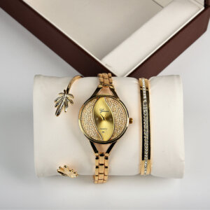 מארז שעון וצמידים לאישה דגם עלי זהבמארז שעון וצמידים לאישה דגם עלי זהב